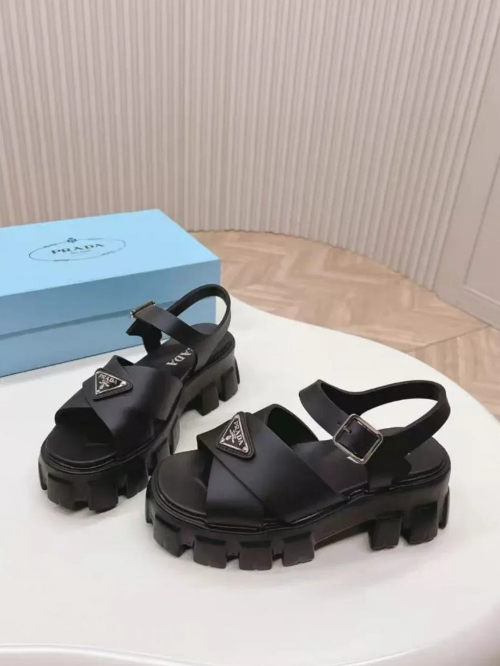 Prada Black Rubber Chunky Cross‑Band Platform Sandals